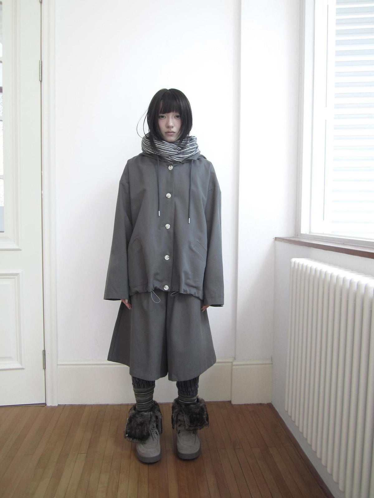 ang project Vintage Solid Hooded Button Drawstring Loose Women&