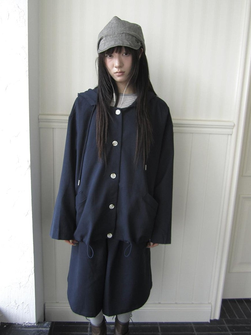 ang project Vintage Solid Hooded Button Drawstring Loose Women&