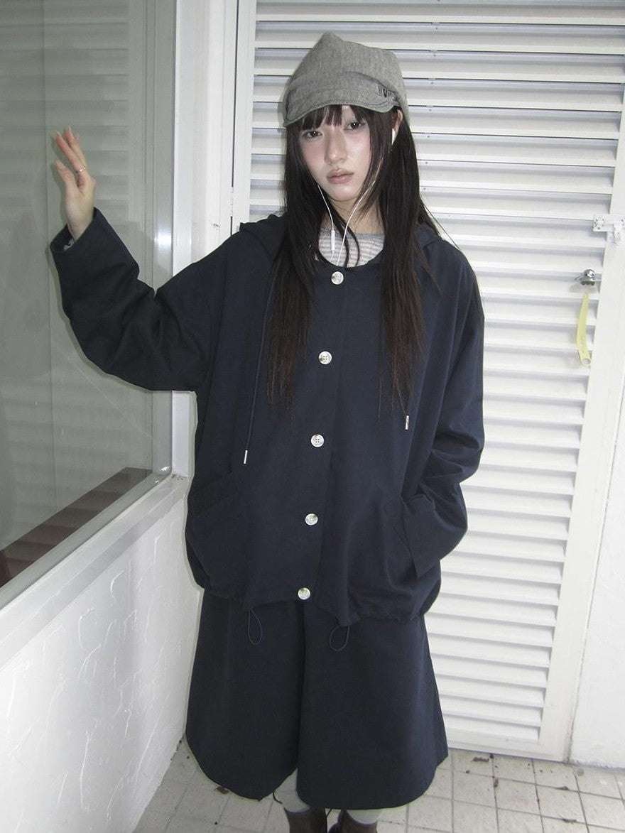 ang project Vintage Solid Hooded Button Drawstring Loose Women&