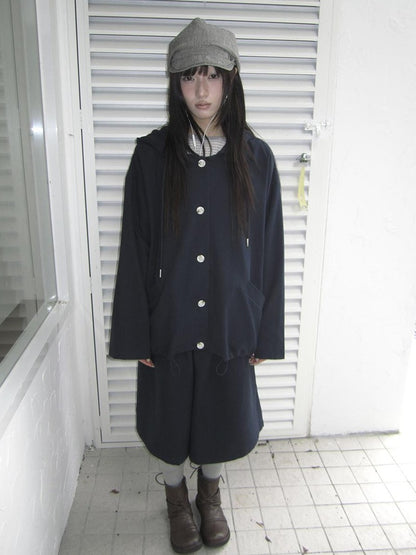 ang project Vintage Solid Hooded Button Drawstring Loose Women&