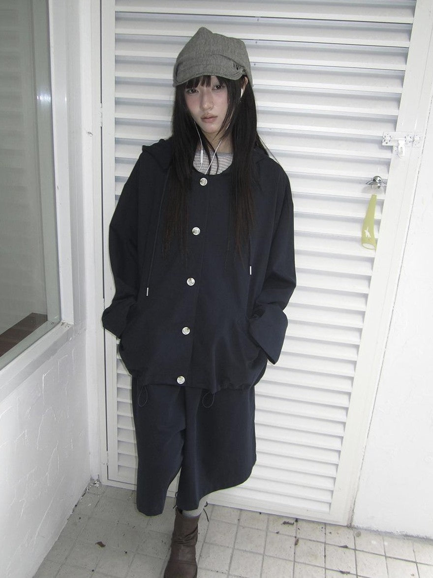 ang project Vintage Solid Hooded Button Drawstring Loose Women&
