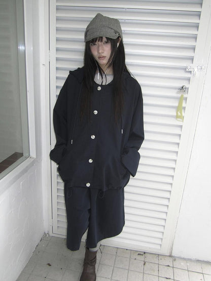 ang project Vintage Solid Hooded Button Drawstring Loose Women&