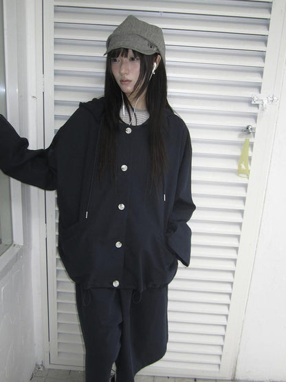 ang project Vintage Solid Hooded Button Drawstring Loose Women&