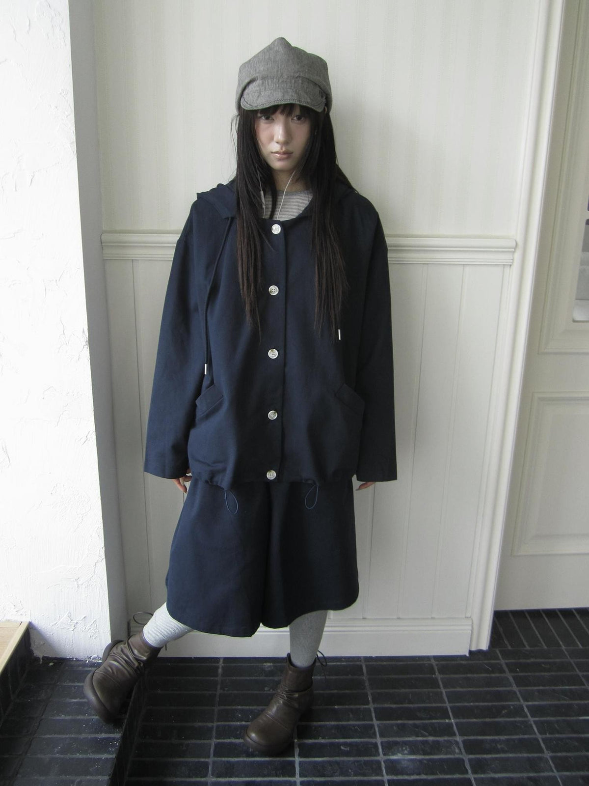 ang project Vintage Solid Hooded Button Drawstring Loose Women&