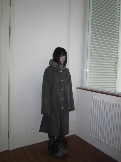 ang project Vintage Solid Hooded Button Drawstring Loose Women&