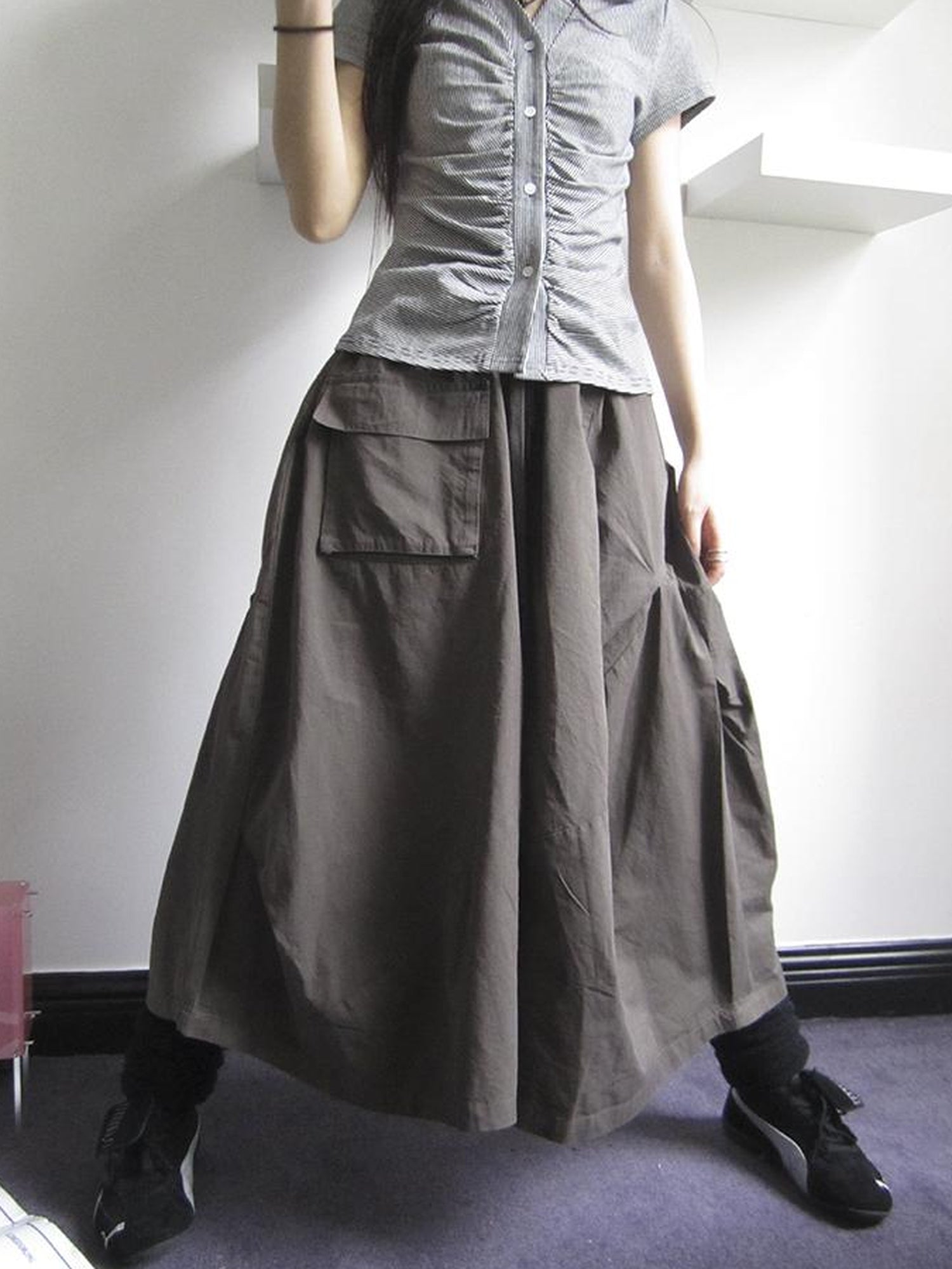 ang project Vintage Solid Multi Pleat Pocket Cargo Pants With Elastic Waist
