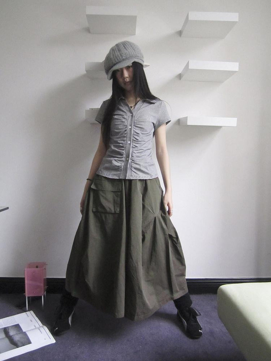 ang project Vintage Solid Pleated Multi Pocket Wide Leg Women&