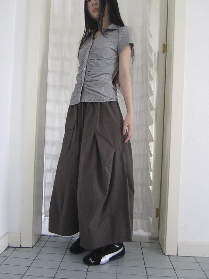 ang project Vintage Solid Pleated Multi Pocket Wide Leg Women&