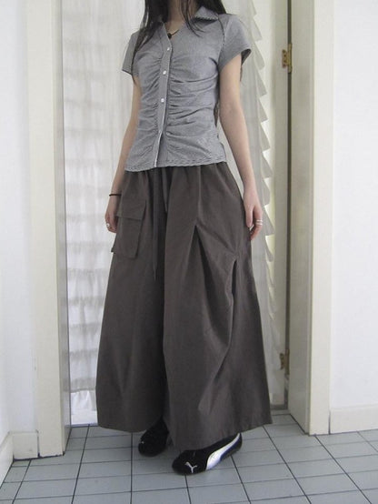 ang project Vintage Solid Pleated Multi Pocket Wide Leg Women&