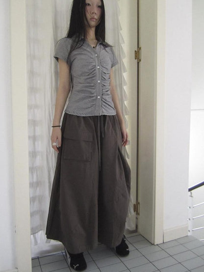 ang project Vintage Solid Pleated Multi Pocket Wide Leg Women&