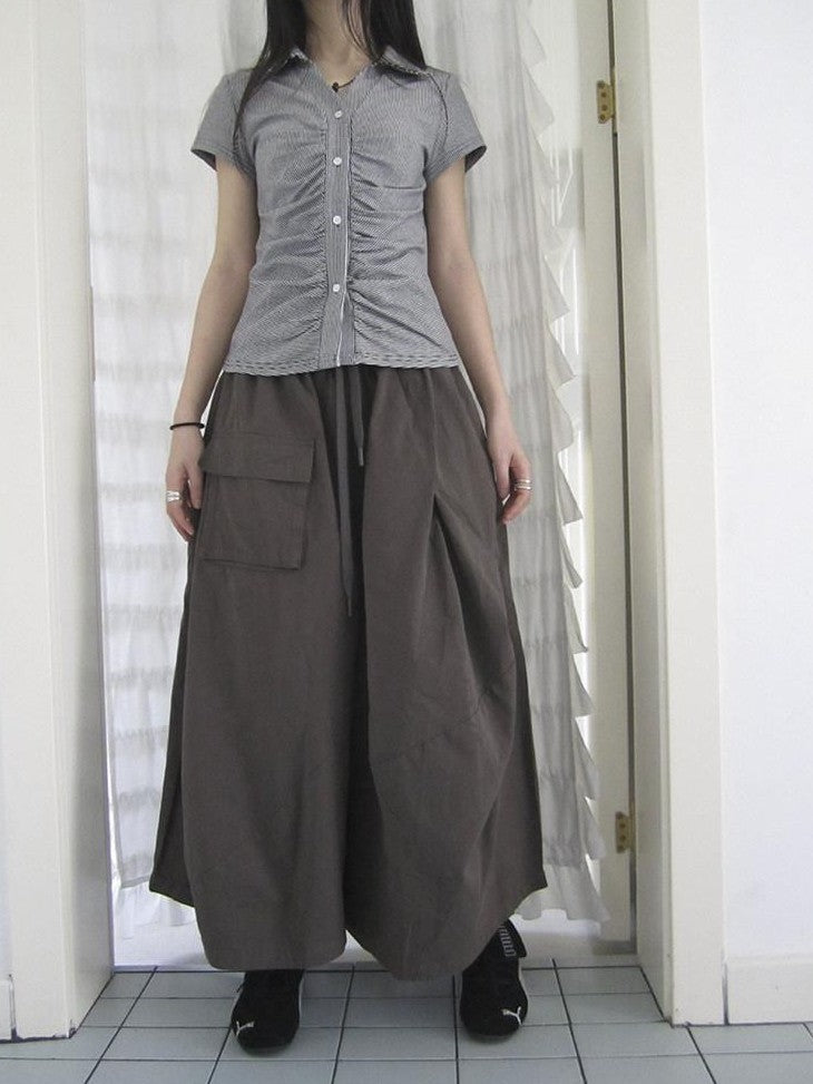 ang project Vintage Solid Pleated Multi Pocket Wide Leg Women&