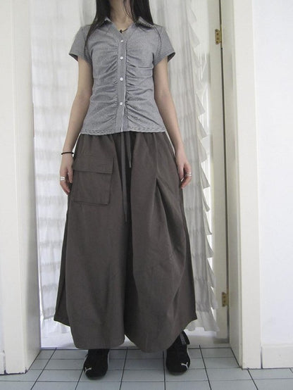 ang project Vintage Solid Pleated Multi Pocket Wide Leg Women&