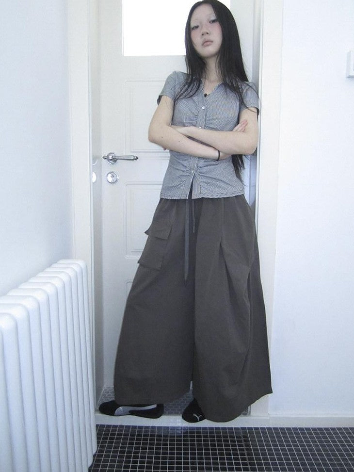 ang project Vintage Solid Pleated Multi Pocket Wide Leg Women&