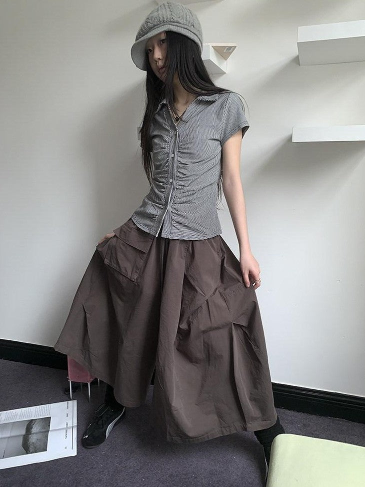 ang project Vintage Solid Pleated Multi Pocket Wide Leg Women&