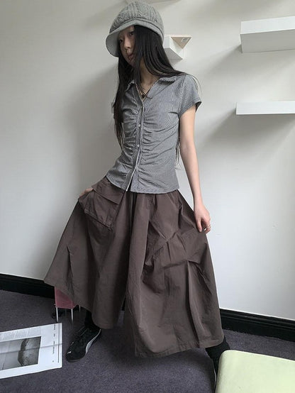 ang project Vintage Solid Pleated Multi Pocket Wide Leg Women&