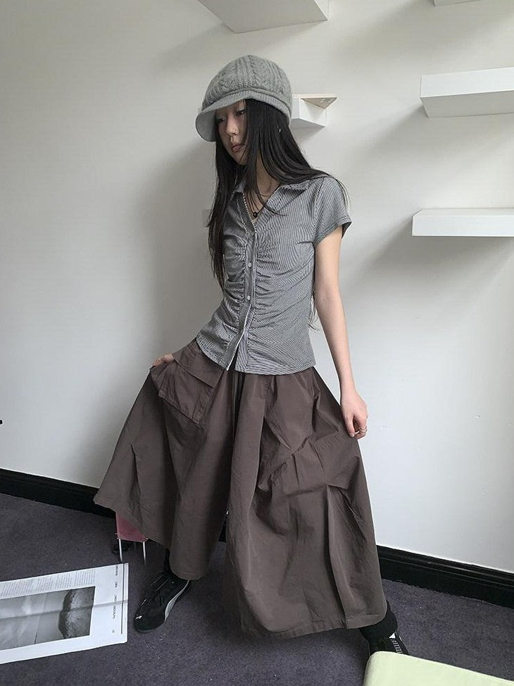 ang project Vintage Solid Pleated Multi Pocket Wide Leg Women&