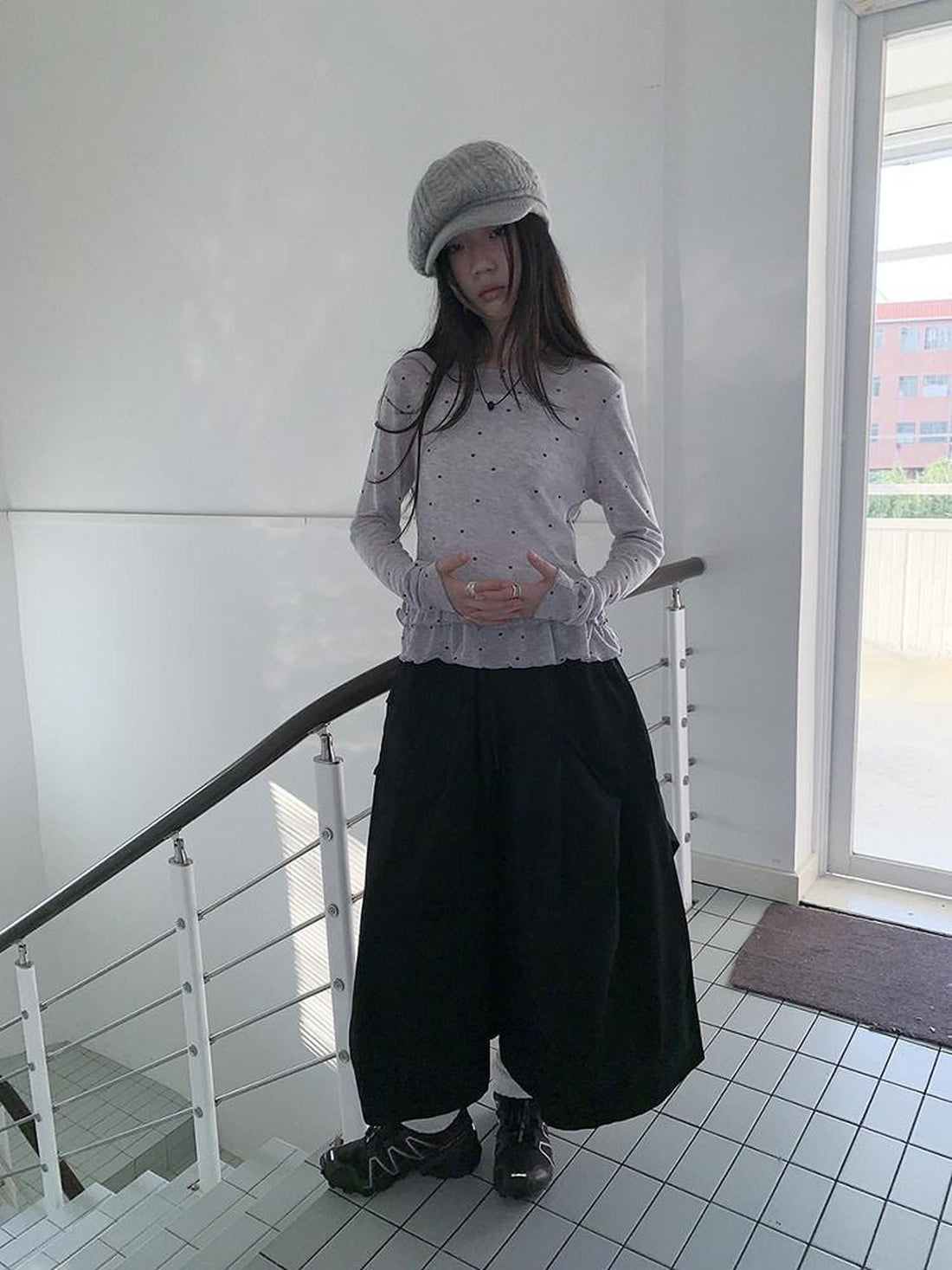 ang project Vintage Solid Pleated Multi Pocket Wide Leg Women&