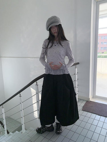 ang project Vintage Solid Pleated Multi Pocket Wide Leg Women&