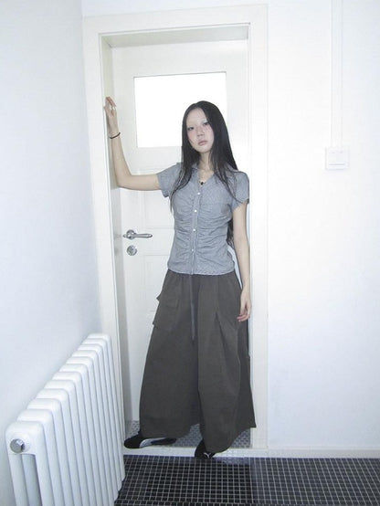 ang project Vintage Solid Pleated Multi Pocket Wide Leg Women&
