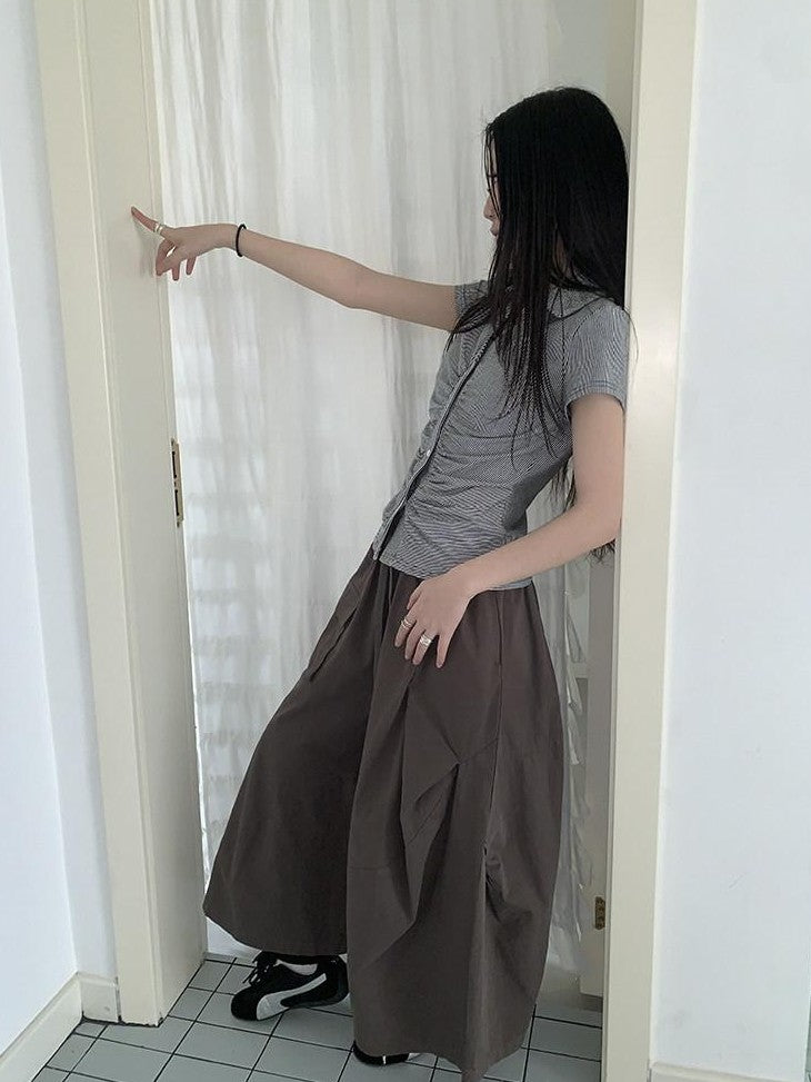 ang project Vintage Solid Pleated Multi Pocket Wide Leg Women&