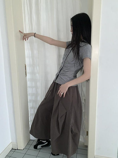 ang project Vintage Solid Pleated Multi Pocket Wide Leg Women&