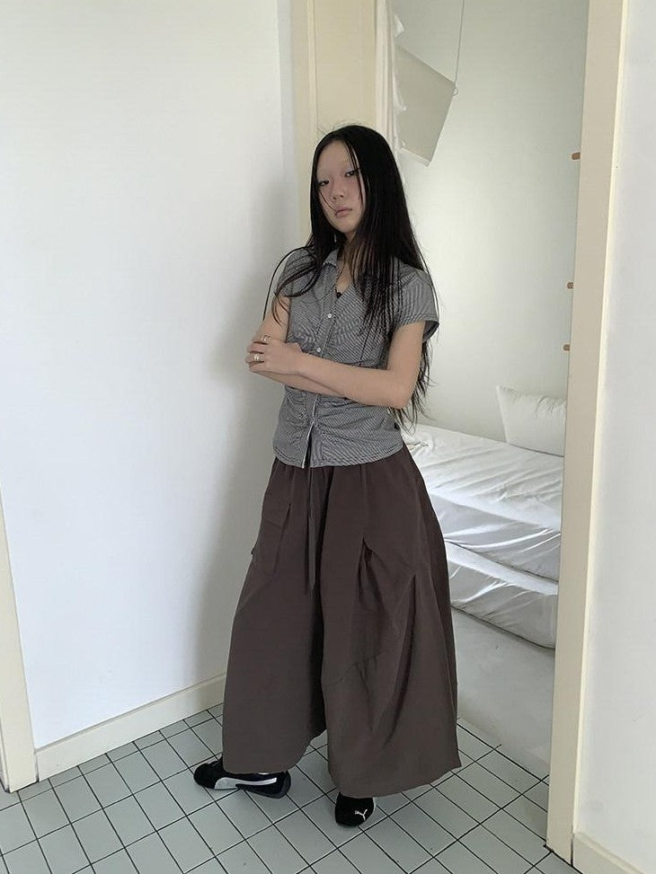 ang project Vintage Solid Pleated Multi Pocket Wide Leg Women&