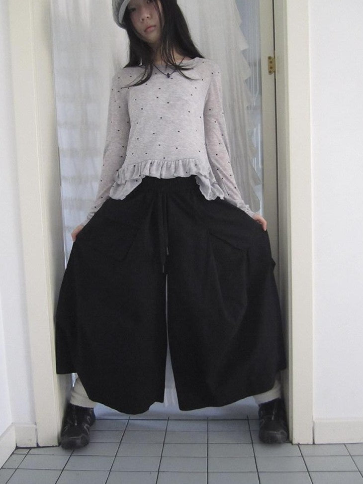 ang project Vintage Solid Pleated Multi Pocket Wide Leg Women&