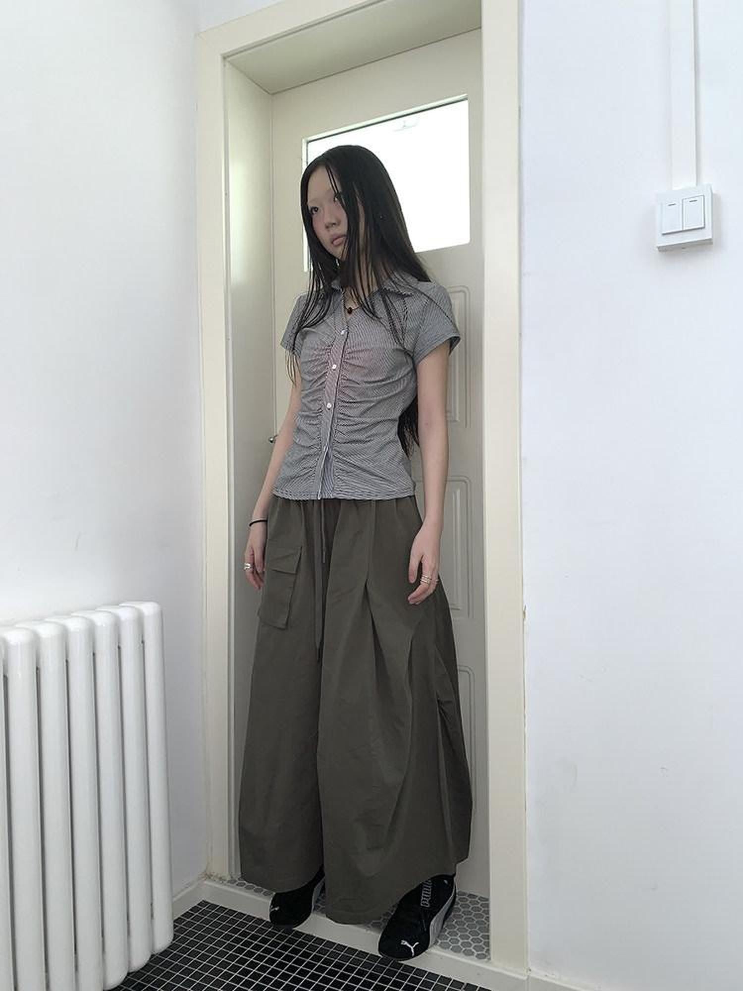 ang project Vintage Solid Pleated Multi Pocket Wide Leg Women&