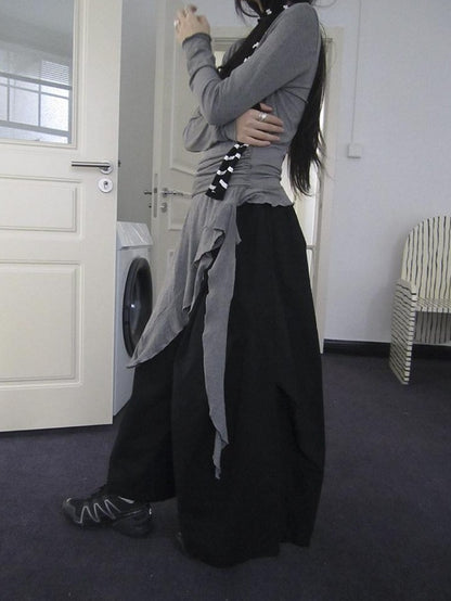 ang project Vintage Solid Pleated Multi Pocket Wide Leg Women&