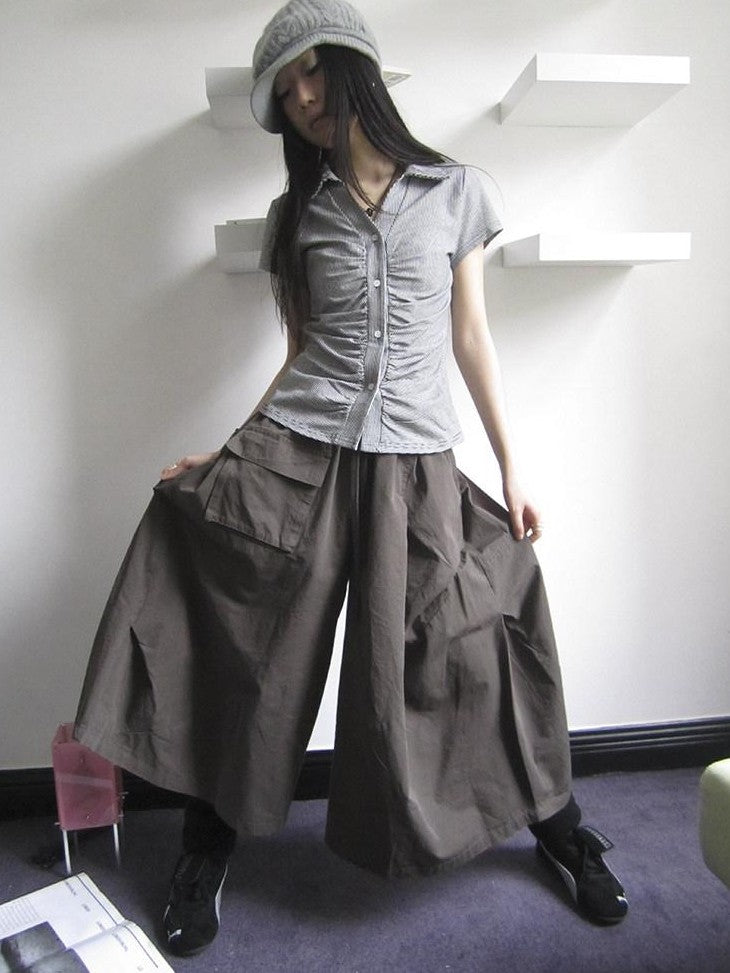ang project Vintage Solid Pleated Multi Pocket Wide Leg Women&