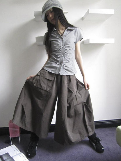ang project Vintage Solid Pleated Multi Pocket Wide Leg Women&