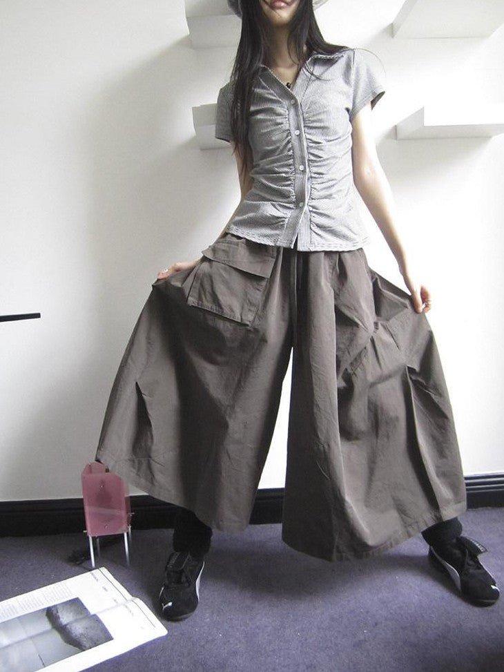 ang project Vintage Solid Pleated Multi Pocket Wide Leg Women&