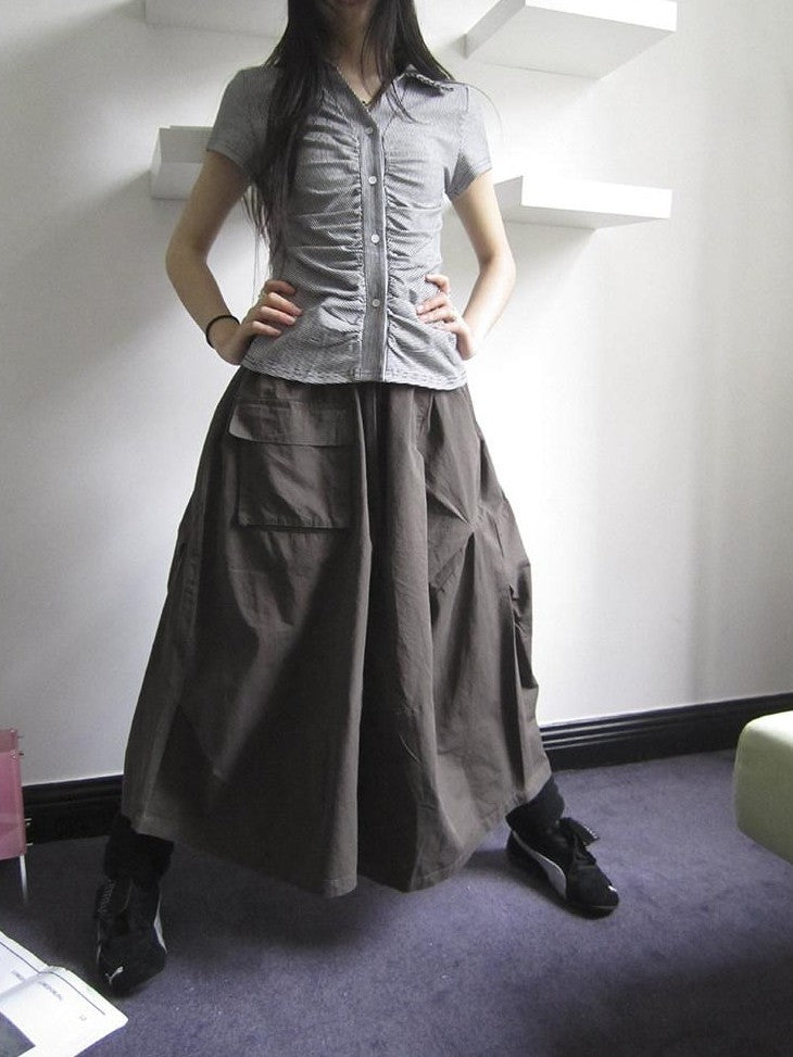 ang project Vintage Solid Pleated Multi Pocket Wide Leg Women&