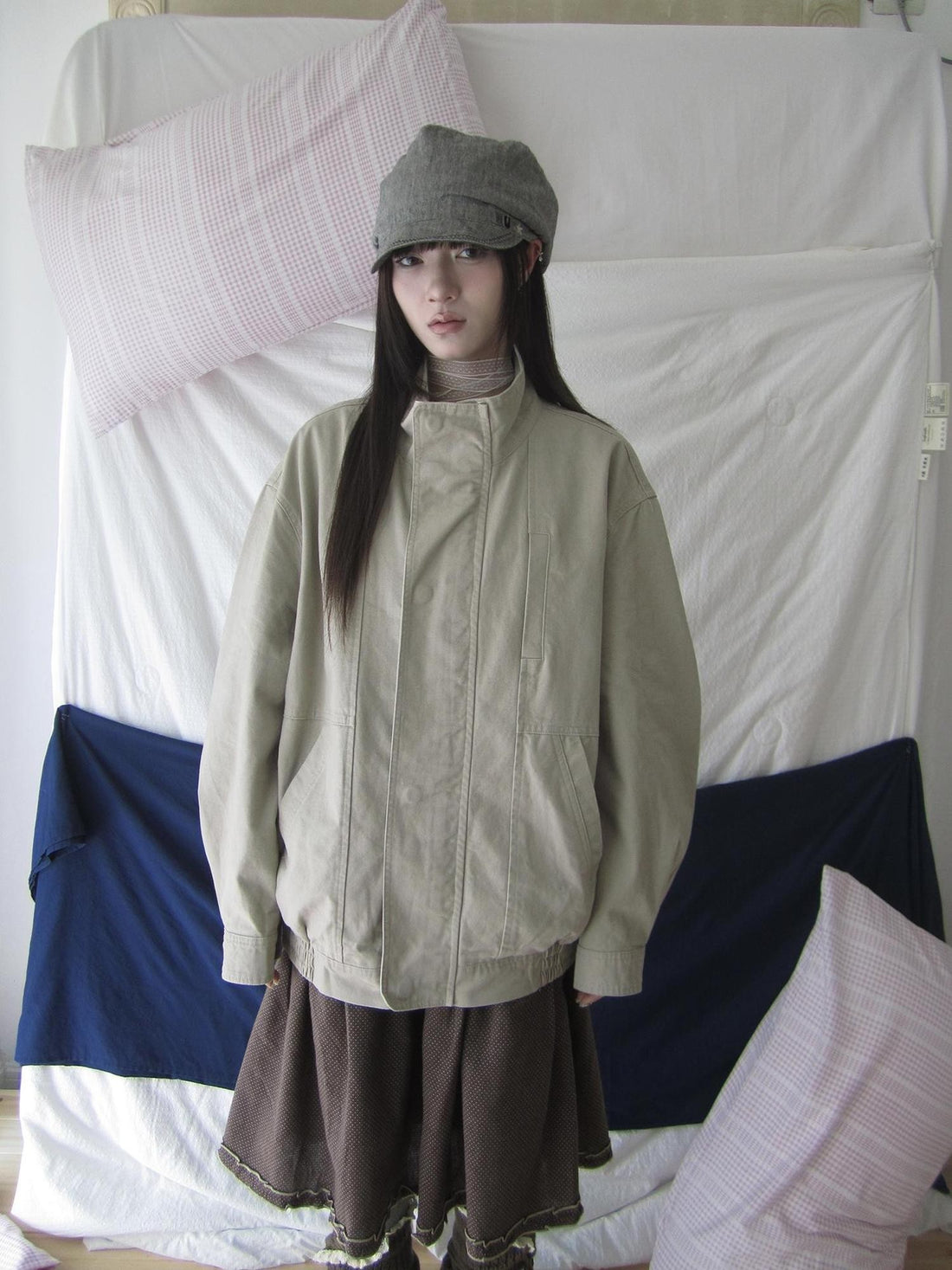 ang project Vintage Stand Collar Snap Zip Loose Women&