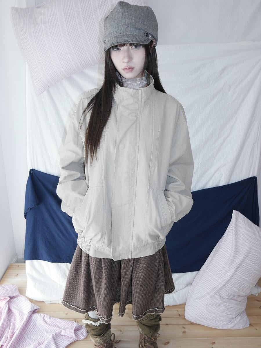 ang project Vintage Stand Collar Snap Zip Loose Women&