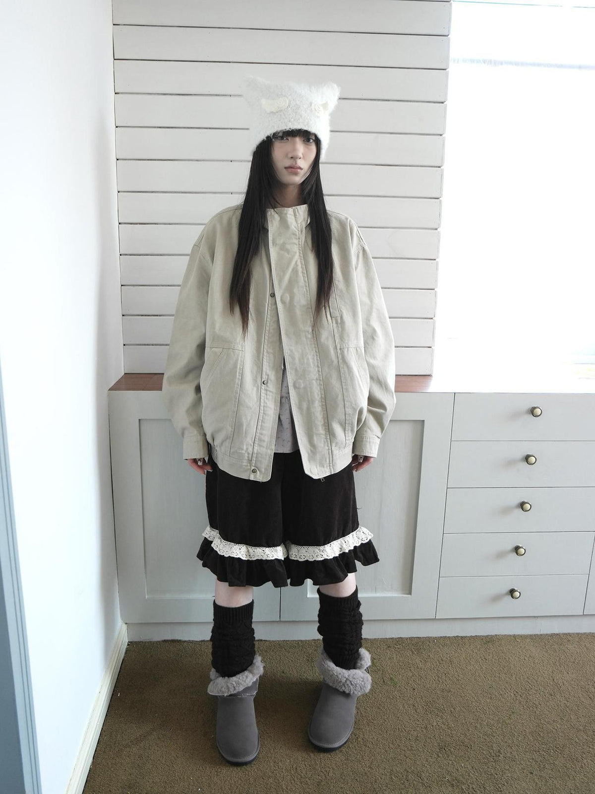 ang project Vintage Stand Collar Snap Zip Loose Women&