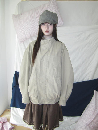 ang project Vintage Stand Collar Snap Zip Loose Women&