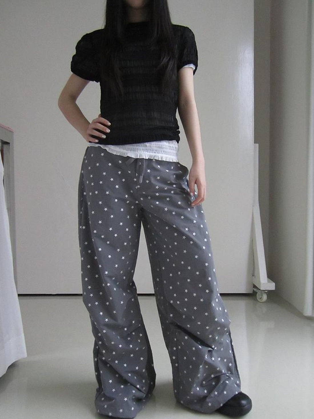 ang project Vintage Star Print Drawstring Waist Wide Leg Pants