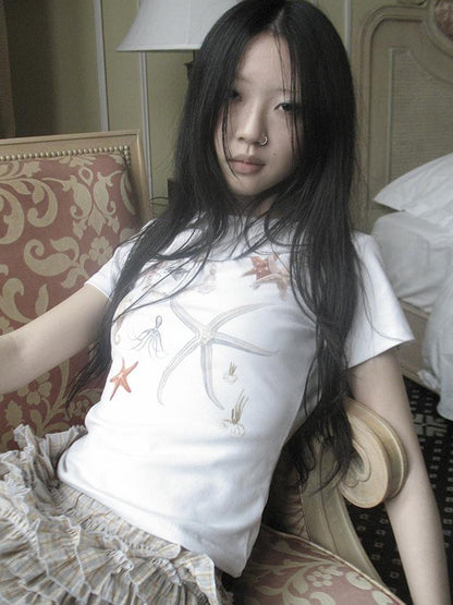 Updateang project Vintage Starfish Print Cotton Tee Women S Retro Casual Top