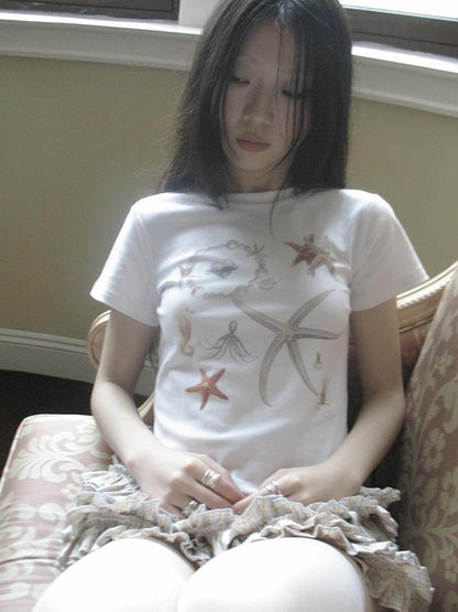 Updateang project Vintage Starfish Print Cotton Tee Women S Retro Casual Top