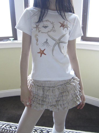 Updateang project Vintage Starfish Print Cotton Tee Women S Retro Casual Top