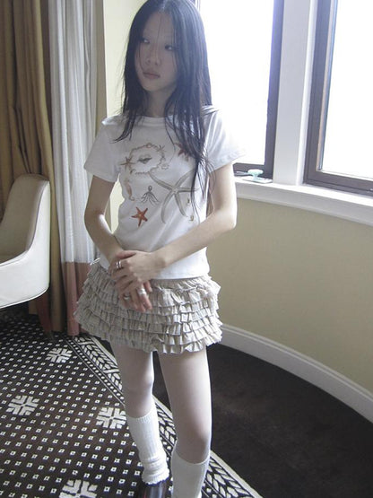 Updateang project Vintage Starfish Print Cotton Tee Women S Retro Casual Top