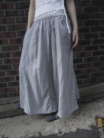 Vintage Stripe Plaid A Line Skirt with Elastic Waist