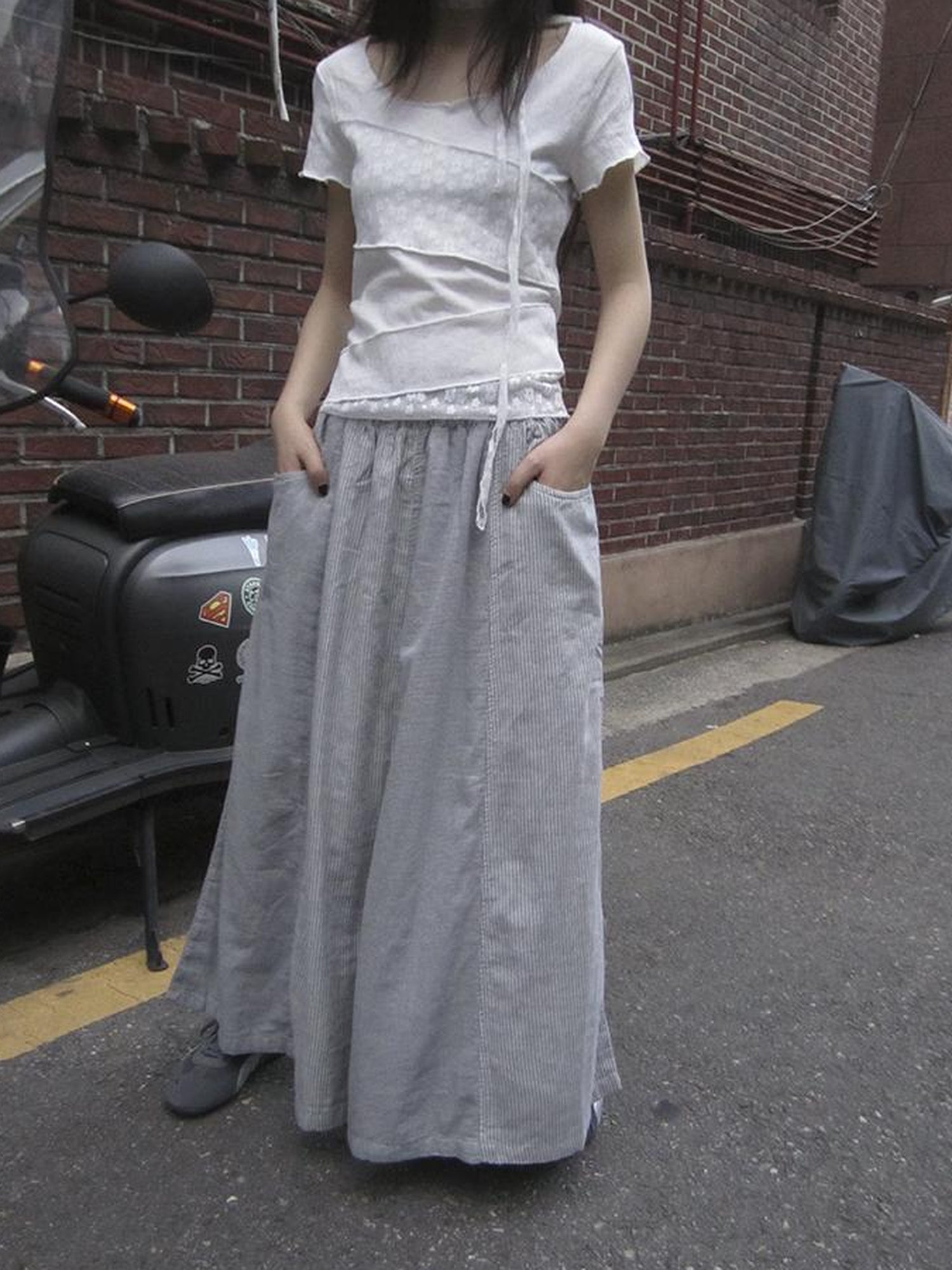 ang project Vintage Stripe Plaid A Line Skirt with Elastic Waist