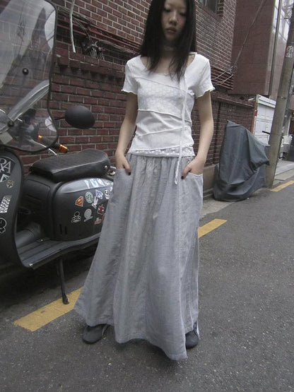 ang project Vintage Stripe Plaid A Line Skirt with Elastic Waist