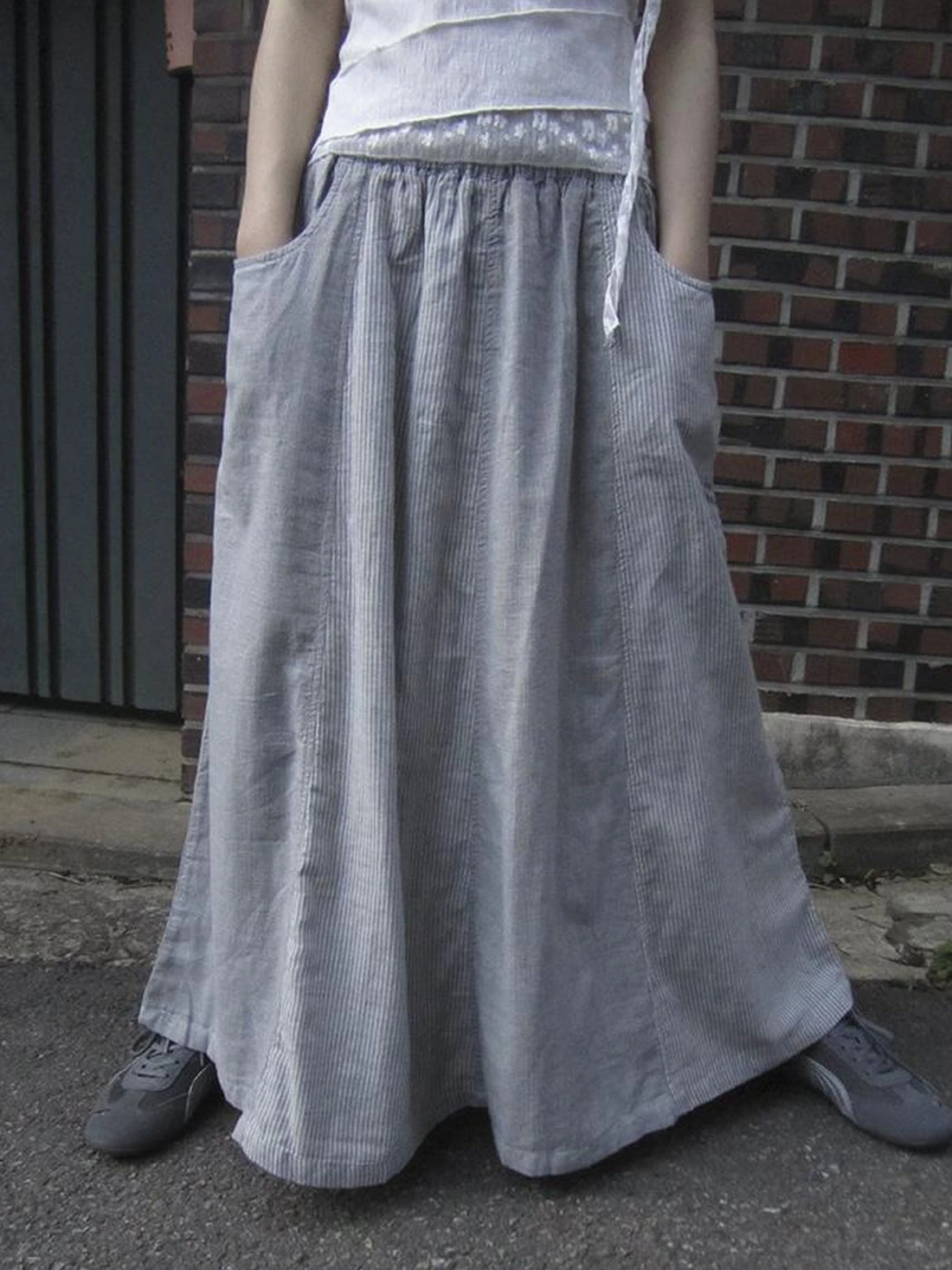 Vintage Stripe Plaid A Line Skirt with Elastic Waist