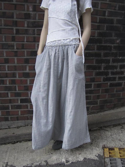 Vintage Stripe Plaid A Line Skirt with Elastic Waist