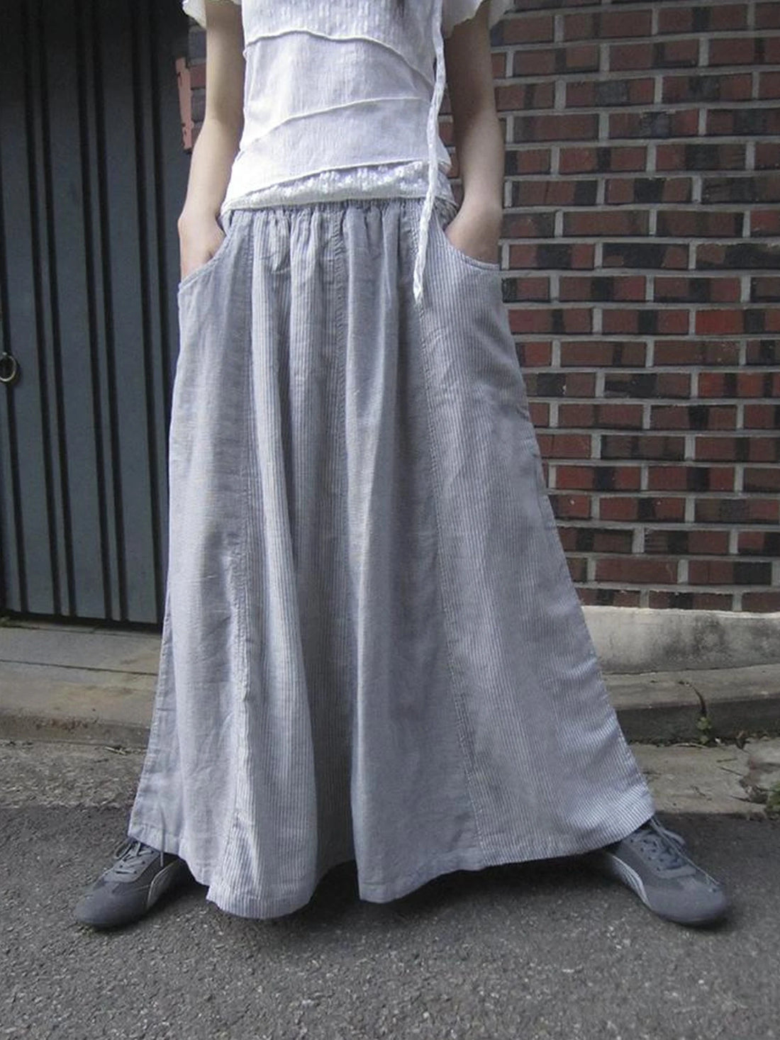 Vintage Stripe Plaid A Line Skirt with Elastic Waist