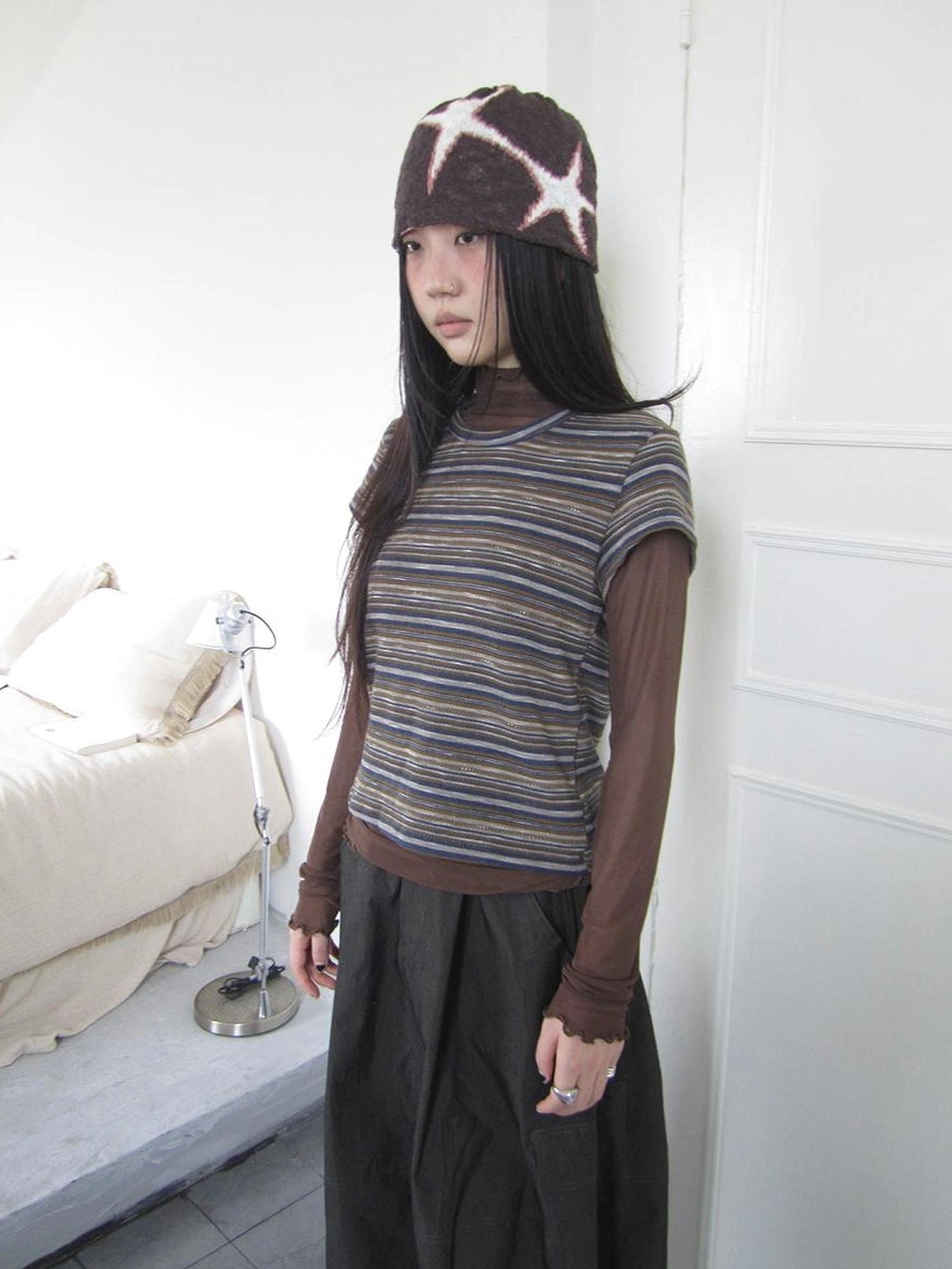 ang project Vintage Striped Knit T-shirt Cardigan