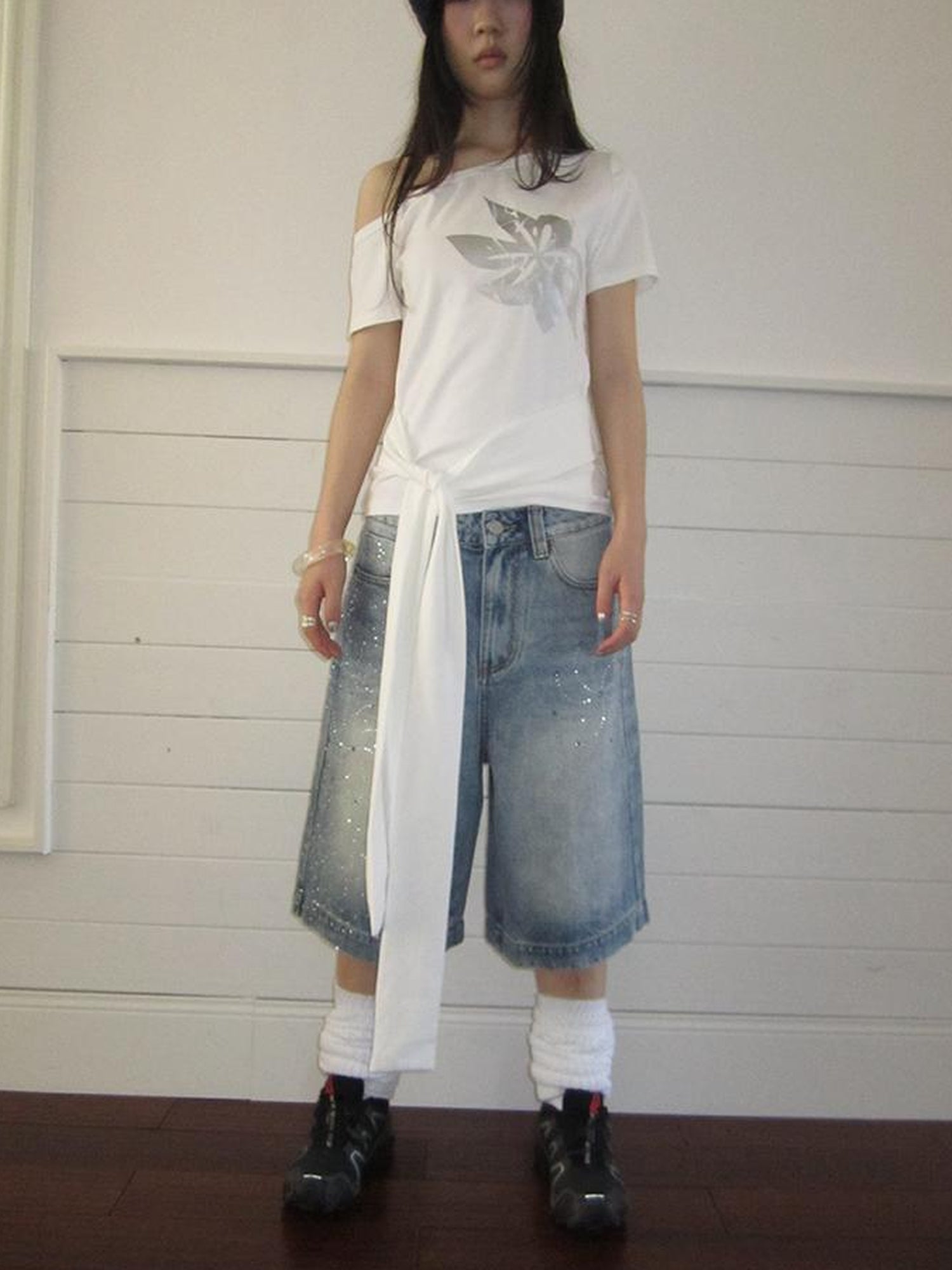 ang project Vintage Summer Distressed Denim Mid Shorts With Rhinestones